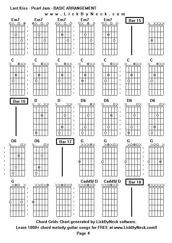 Chord Grids Chart of chord melody fingerstyle guitar song-Last Kiss - Pearl Jam - BASIC ARRANGEMENT,generated by LickByNeck software.